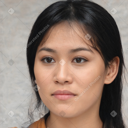 Neutral asian young-adult female with long  brown hair and brown eyes