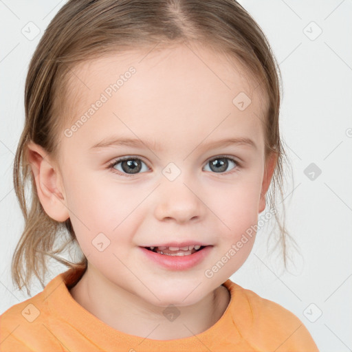 Joyful white child female with medium  brown hair and brown eyes