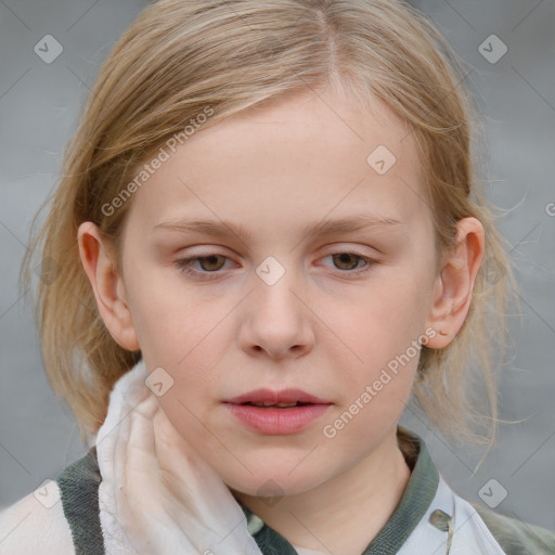 Neutral white child female with medium  brown hair and blue eyes