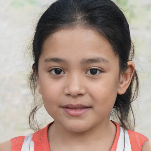 Joyful white child female with medium  brown hair and brown eyes