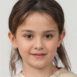 Joyful white child female with medium  brown hair and brown eyes