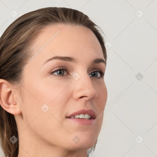 Neutral white young-adult female with medium  brown hair and grey eyes