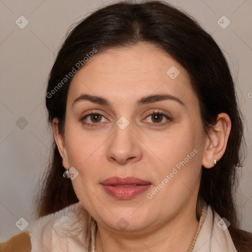 Joyful white young-adult female with medium  brown hair and brown eyes