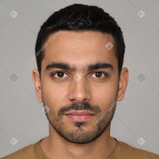 Neutral latino young-adult male with short  black hair and brown eyes