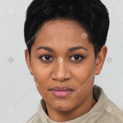 Joyful latino young-adult female with short  black hair and brown eyes