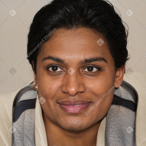 Joyful latino young-adult female with short  brown hair and brown eyes