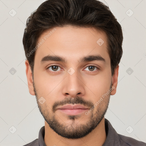 Neutral white young-adult male with short  brown hair and brown eyes