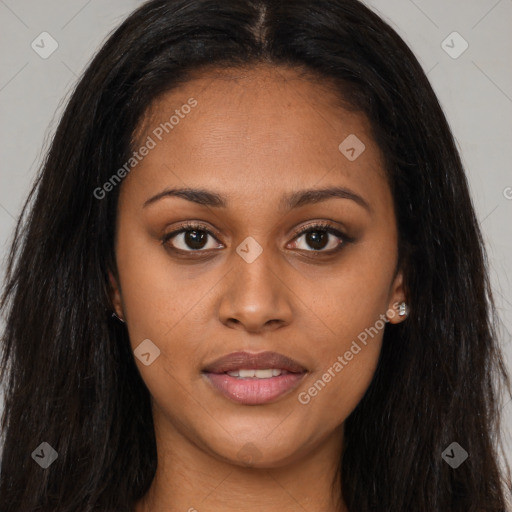 Joyful asian young-adult female with long  brown hair and brown eyes