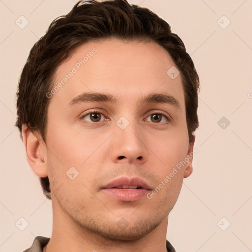 Neutral white young-adult male with short  brown hair and brown eyes