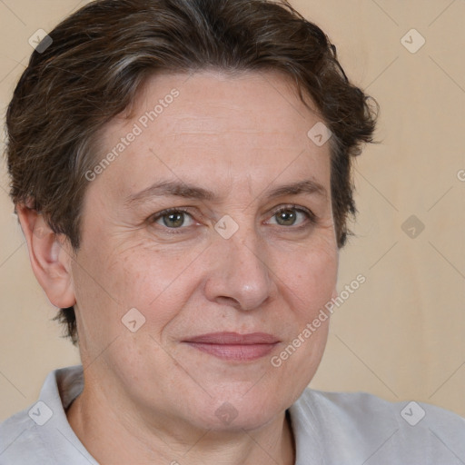 Joyful white adult female with short  brown hair and brown eyes