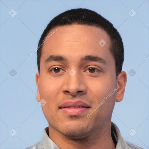 Neutral white young-adult male with short  black hair and brown eyes