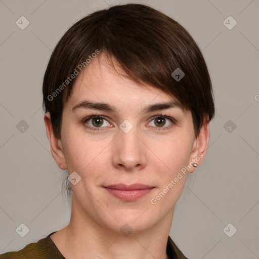 Joyful white young-adult female with medium  brown hair and grey eyes