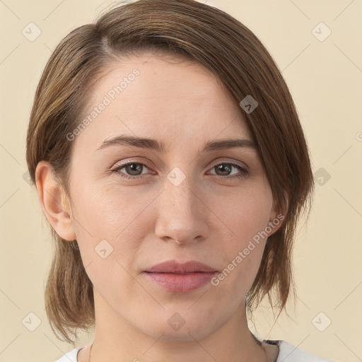 Neutral white young-adult female with medium  brown hair and brown eyes