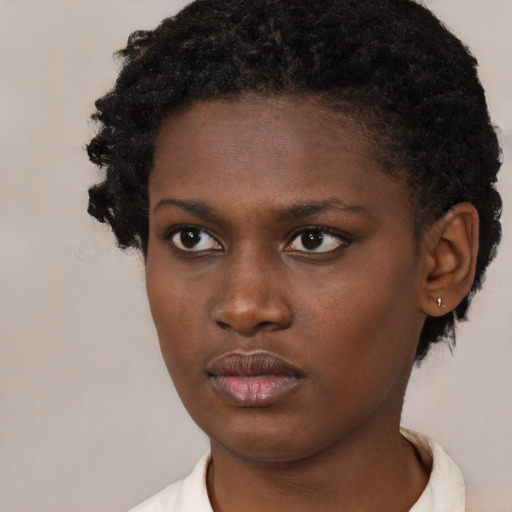 Neutral black young-adult female with short  black hair and brown eyes