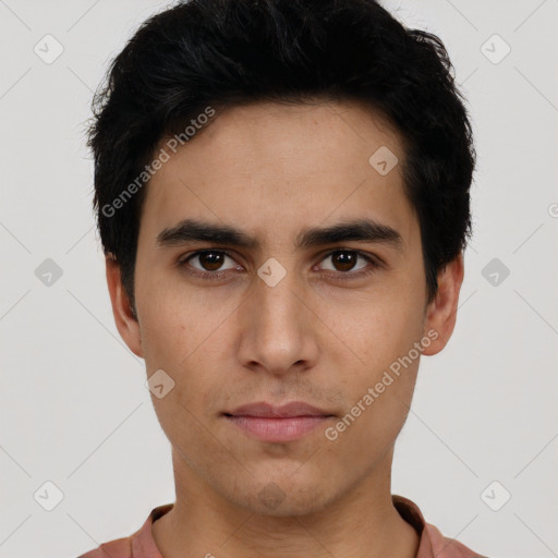 Neutral asian young-adult male with short  black hair and brown eyes