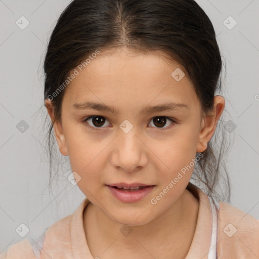 Joyful white child female with medium  brown hair and brown eyes