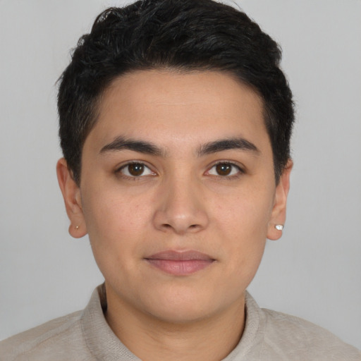 Joyful asian young-adult male with short  brown hair and brown eyes