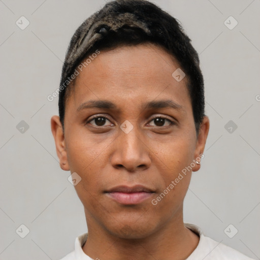 Neutral latino young-adult male with short  black hair and brown eyes