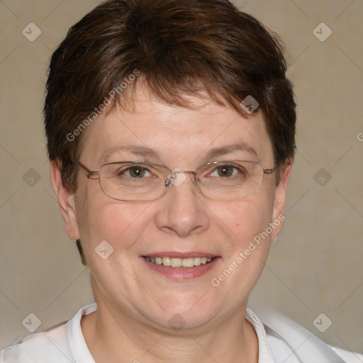 Joyful white adult female with short  brown hair and brown eyes