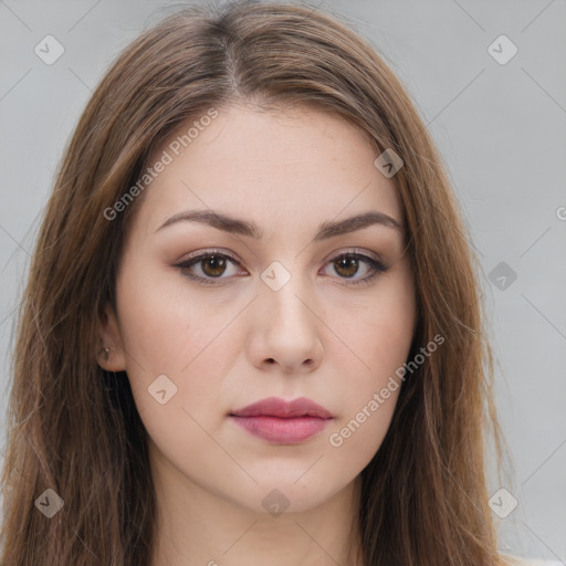 Neutral white young-adult female with long  brown hair and brown eyes