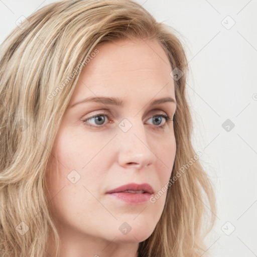 Neutral white young-adult female with long  brown hair and blue eyes