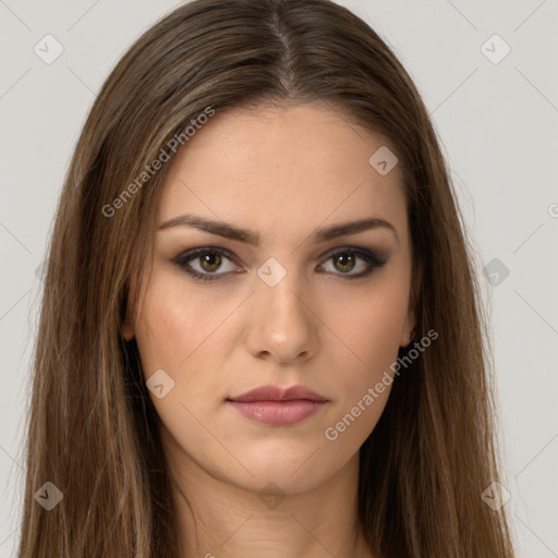 Neutral white young-adult female with long  brown hair and brown eyes