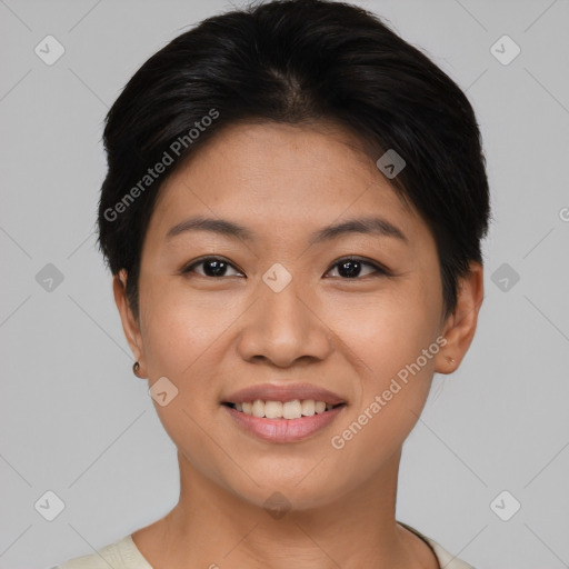 Joyful asian young-adult female with short  brown hair and brown eyes