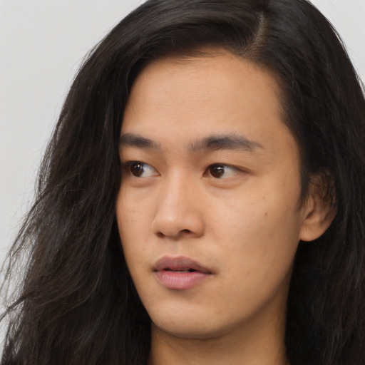 Neutral asian young-adult female with long  black hair and brown eyes