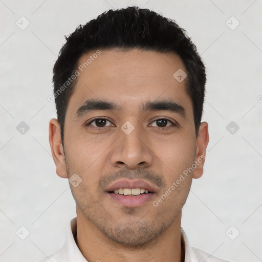 Neutral latino young-adult male with short  black hair and brown eyes