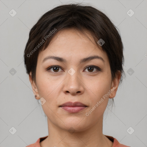 Neutral white young-adult female with short  brown hair and brown eyes