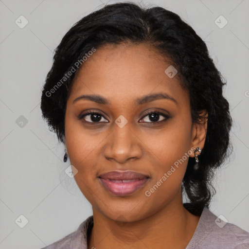 Joyful black young-adult female with medium  black hair and brown eyes