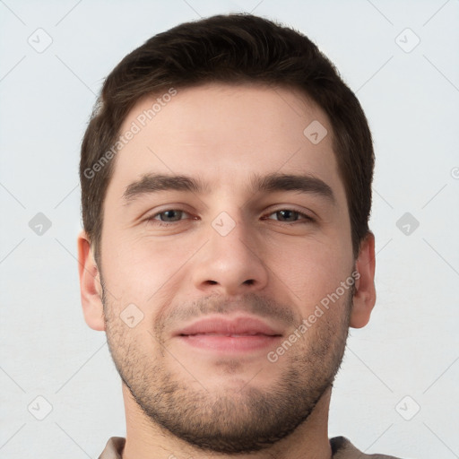 Neutral white young-adult male with short  brown hair and brown eyes