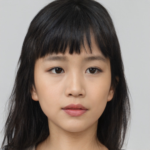 Neutral asian young-adult female with long  brown hair and brown eyes