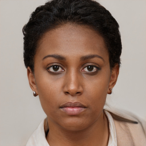 Neutral black young-adult female with short  brown hair and brown eyes