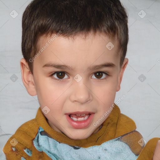 Joyful white child male with short  brown hair and brown eyes