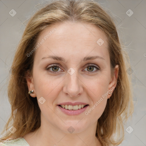 Joyful white young-adult female with medium  brown hair and blue eyes