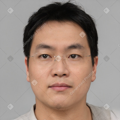 Neutral asian young-adult male with short  brown hair and brown eyes