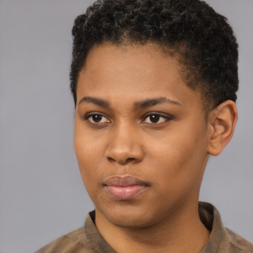 Neutral black young-adult female with short  black hair and brown eyes