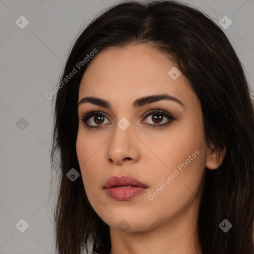 Neutral white young-adult female with long  brown hair and brown eyes