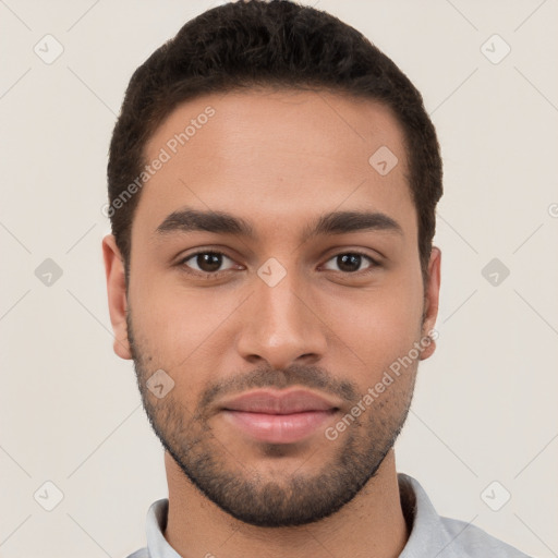 Neutral white young-adult male with short  brown hair and brown eyes