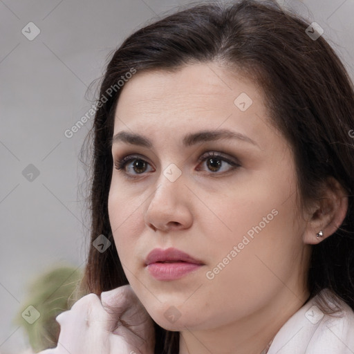 Neutral white young-adult female with medium  brown hair and brown eyes