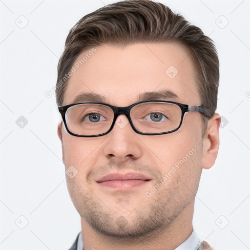 Neutral white young-adult male with short  brown hair and grey eyes