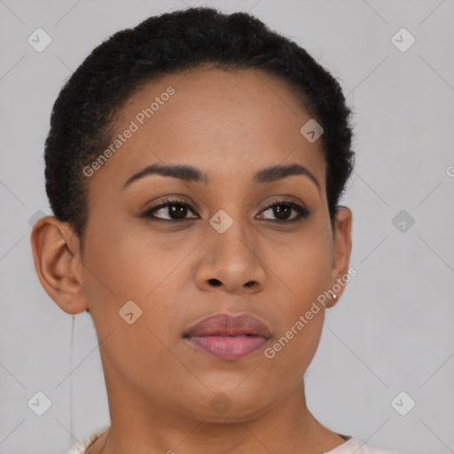 Neutral black young-adult female with short  brown hair and brown eyes