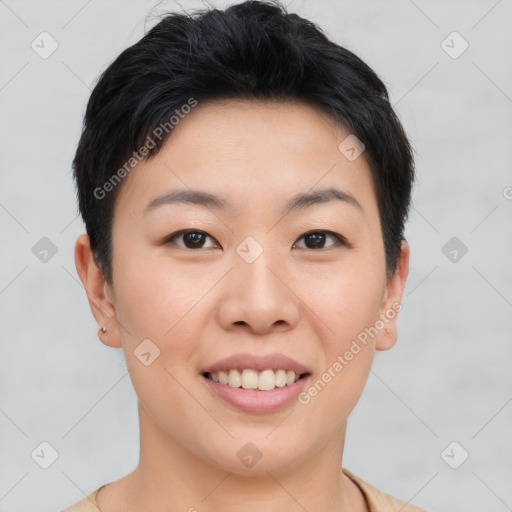 Joyful asian young-adult female with short  brown hair and brown eyes