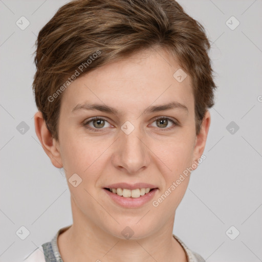 Joyful white young-adult female with short  brown hair and grey eyes