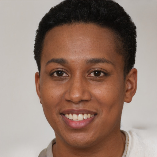 Joyful black young-adult female with short  brown hair and brown eyes