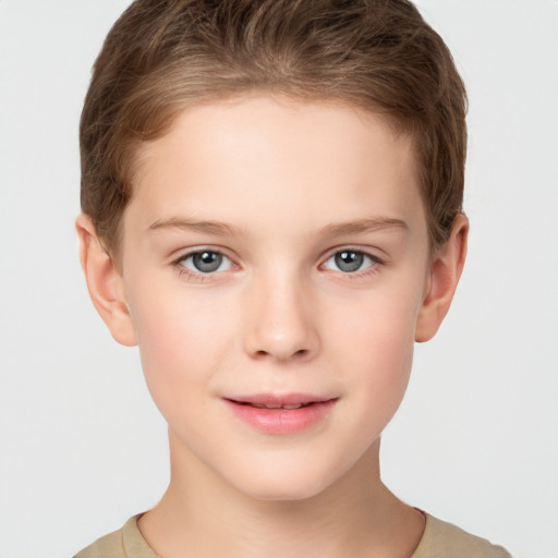 Joyful white child female with short  brown hair and brown eyes