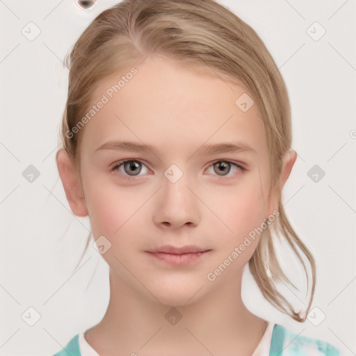 Neutral white child female with medium  brown hair and grey eyes