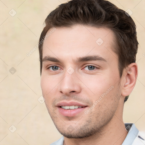 Joyful white young-adult male with short  brown hair and brown eyes