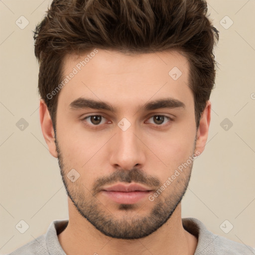 Neutral white young-adult male with short  brown hair and brown eyes